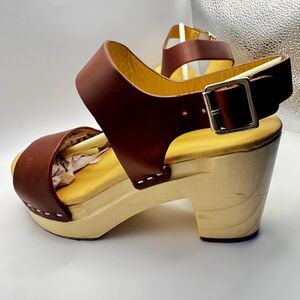 Nisolo Women’s Leather Wood Platform Sandals Size 6 Handmade in Mexico  3.5”Heel